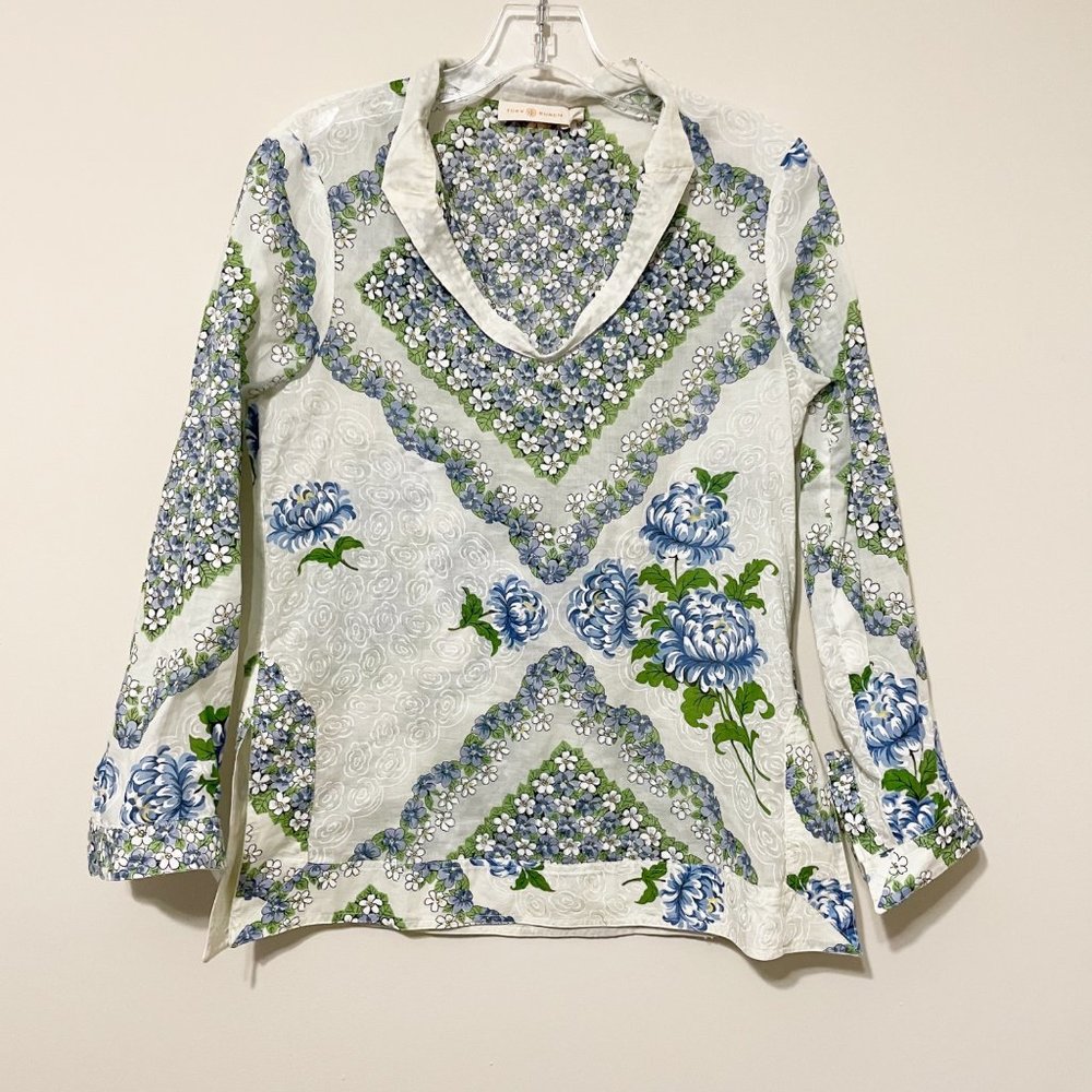 Tory Burch Size 2 Floral Printed Cotton Tunic Top Long Sleeve